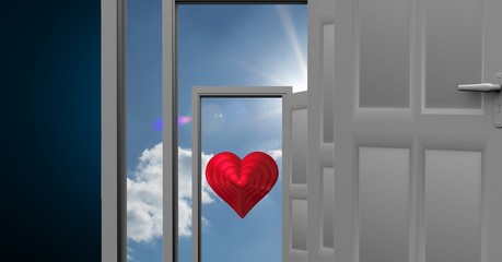 Open doors to sky with red heart shape
