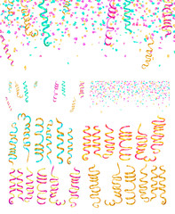 Colorful Confetti and serpentine set, bright colorful background, editable elements, cute and fun decoration. Isolated on white. Vector illustration for celebration, party, carnival, festive holiday..