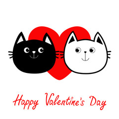 Black White contour Cat head couple family icon. Red heart. Cute funny cartoon character. Happy Valentines day Greeting card. Kitty Whisker Baby pet collection background. Isolated. Flat design.