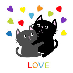 Black Gray Cat hugging couple family. Rainbow color hearts Hug, embrace, cuddle. Love Greeting card. Cute funny cartoon character. Kitty Whisker Baby pet White background. Isolated. Flat design.