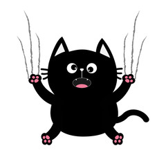 Black fat cat nail claw scratch glass. Cute cartoon screaming funny character. Excoriation track line shape. Baby pet collection. White background. Isolated. Flat design.