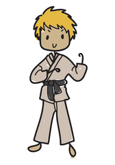 Doodle style karateka in karate pose with black belt