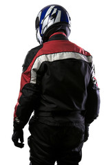 Man wearing a protective leather and textile racing suit for race cars and motorcycle motor sports....