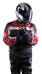Man wearing a protective leather and textile racing suit for race cars and motorcycle motor sports.  The gear is armored with a helmet and worn by bikers and professional drivers.