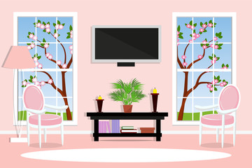Interior living room spring landscape outside the window . Bright and cozy room. Vector illustration.