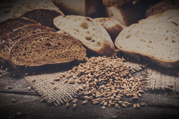 Bakery concept. Plenty of sliced rye bread background