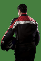 Male wearing protective leather and textile suit for racing race cars or motorcycles.  The armor is worn in professional motor sports.  The man is on a green screen or chroma key background. © Innovated Captures