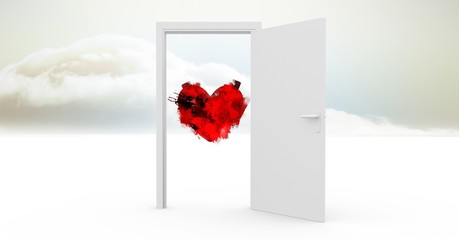 Open door to sky with red heart shape
