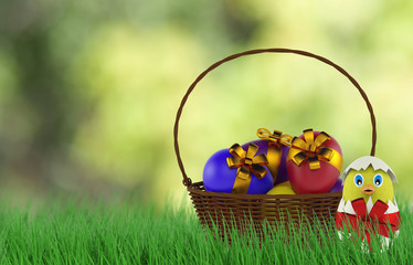 chicken in a easter egg in basket. 3d render