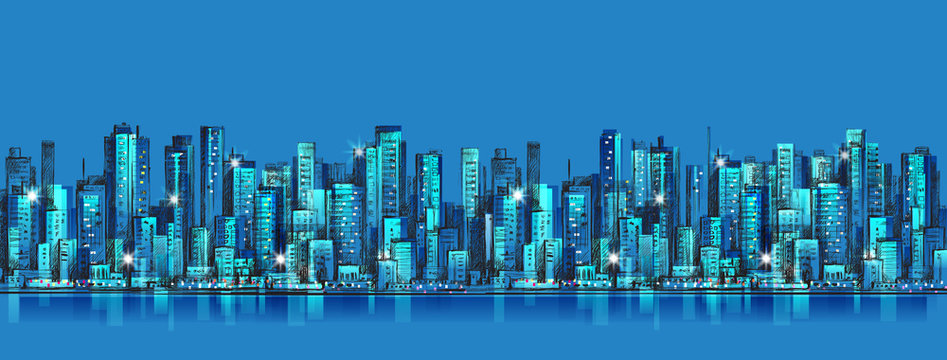 Night city skyline, vector illustration