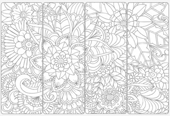 Doodle flowers for coloring.Vector set of monochrome bookmarks .