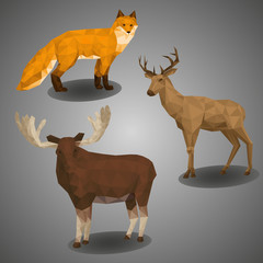 Low poly forest animal compilation. Ilustration set in polygonal style. Fox, deer and elk on gray background.