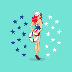American Pin Up girl sailor in shorts illustration with lifesaver and 4th of July themed background