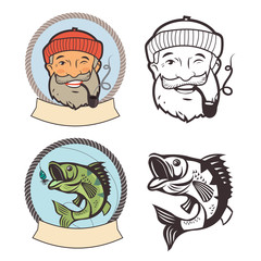 Old Sailor Picture. Fish On A Fishing Hook And Sailor With Pipe. Fishing Vector Labels. Fishing Logo Set. Sailor Pipe Smoking. Old Sailor With Pipe Painting.