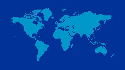 World map illustration light blue continents with dark blue ocean