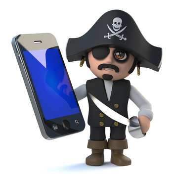 3d Funny pirate captain character has a new smartphone tablet device