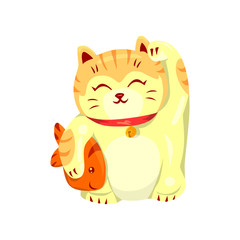 Cute illustration of a lucky Japanese gold cat with fish
