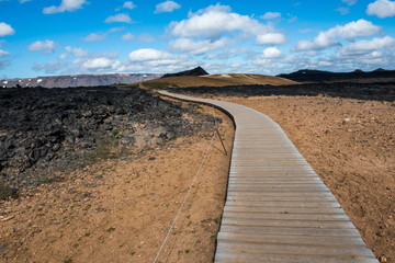 Boardwalk in volcanic area Leihnjukur, Iceland