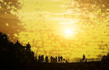 Naklejka na ściany i meble people silhouette with sunset, nature outdoor background
