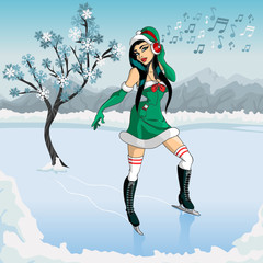 Sexy Santa Girl skates with winter background
