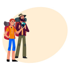 Two pretty girls travelling, hitchhiking with backpacks and camera, cartoon illustration on background with place for text. male backpackers, hitchhikers, friends travelling with backpacks and camera