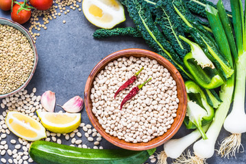 Healthy vegan food, cooking background top view copy space.