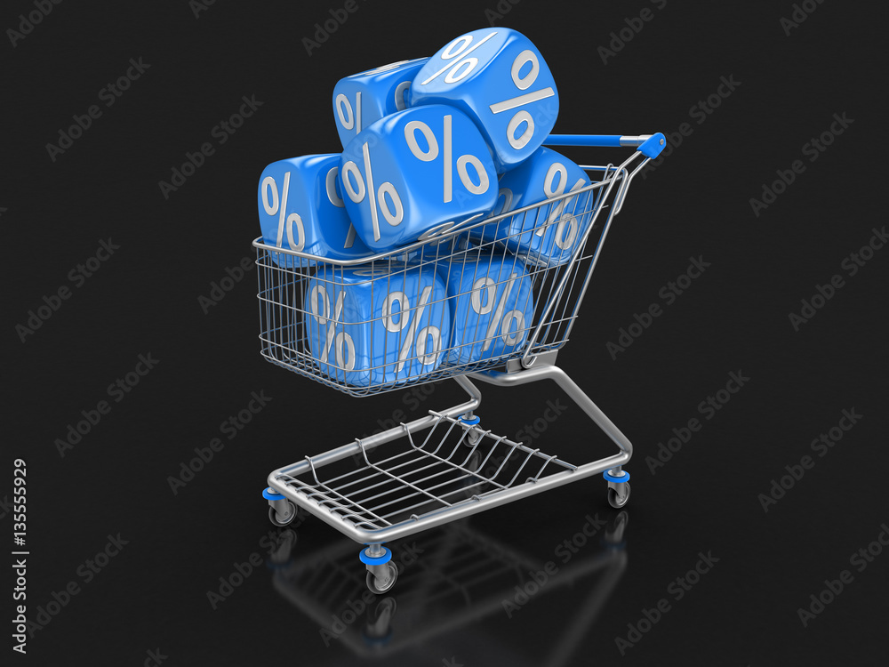 Poster shopping cart and dices with percent sign. image with clipping path