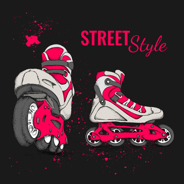 Roller Skate And Grunge Texture Background. Vector Illustration.