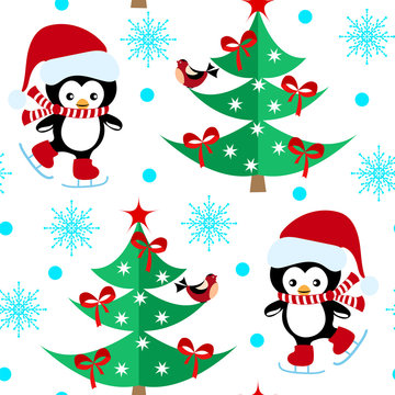 Seamless pattern with Christmas penguins