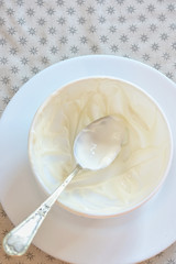 Emty ceramic bowl of white yoghurt