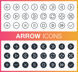 Set of pixel perfect outline and flat arrow icons. Editable stroke.