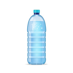 Realistic bottle with clean blue water isolated on the white background. Vector mockup. Front view.