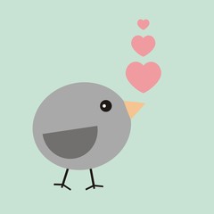 Cute bird with heart on blue background.