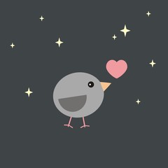 Cute birds with heart on blue background.