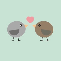 Cute birds with heart on blue background.