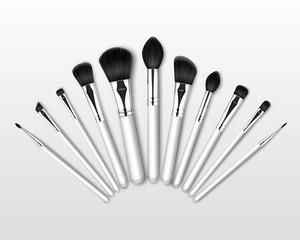 Set of Black Clean Professional Makeup Concealer Powder Blush Eye Shadow Brow Brushes with Handles on White Background