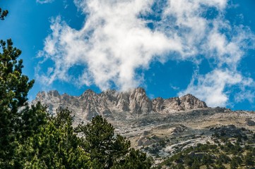 The high peaks of mountain Olympus in Greece as seen from refuge A in summer