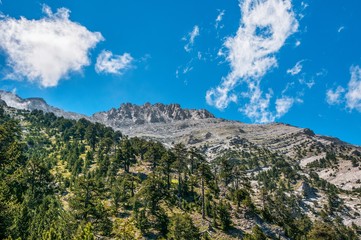 High peaks of Mountain Olympus in Greece as seen from mountain refuge A