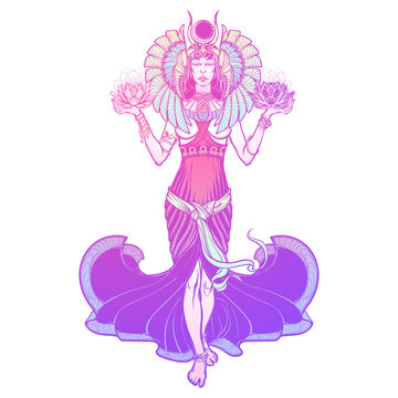 Egyptian goddess Isis balancing in hands black and white lotus as a symbol of life and death. Full body view. Vintage art nouveau style concept art . EPS10 vector illustration.
