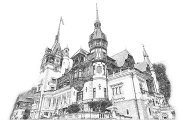 Fototapeta premium Sketch Of Peles Castle In Carpathian Mountains