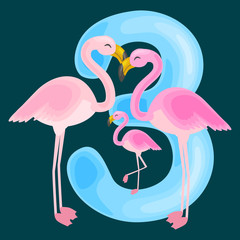 ordinal number 3 for teaching children counting three flamingos with the ability to calculate amount animals abc alphabet kindergarten books or elementary school posters collection vector illustration
