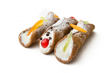 Sicilian cannoli, italian dessert with ricotta cheese, chocolate chips and candied fruit  - obrazy, fototapety, plakaty