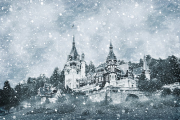 Digital Winter Effect Of Peles Castle In Carpathian Mountains Of Romania