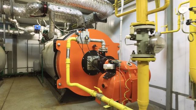 Modern industrial equipment. Panorama of gas turbine at thermal power plant. 4K