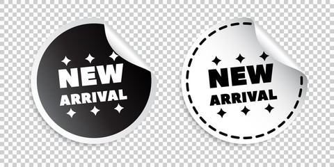 New arrival sticker. Black and white vector illustration.