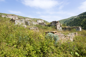 Ruins of ancient medieval chechen village near Lake Kezenoyam (Kezenoy Am) in Chechnya, Russia