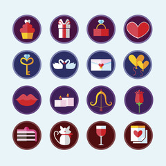 Valentines Day Colorful Icons. Love Holiday. Collection of Rectangle Items with Long Shadow. Vector Illustration.