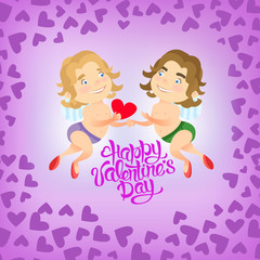 Greeting card Happy Valentine Day, with holding hands couple gays angels vector illustration