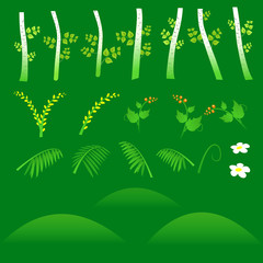 Obraz premium Set of flat forest elements. Include grass, flowers, berries, bushes and trees
