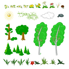 Set of flat forest elements. Include grass, flowers, mushrooms, berries, bushes, trees and sun